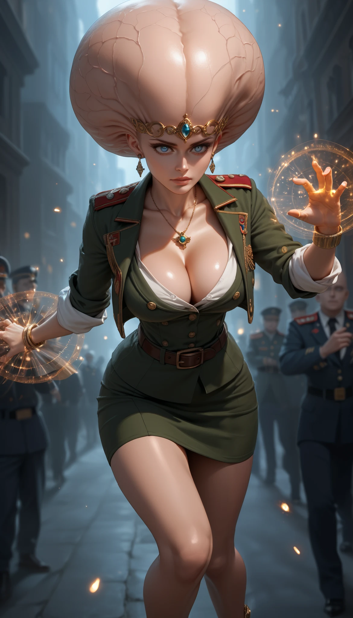 beautiful bald sorceress wearing military uniform in the fantasy night city, ((bald)), ((big brain)), cranium, (circlet), sassy, golden earrings, (military uniform), jacket with rolled sleeves, button down shirt, collarbone, pendant, ((cleavage)), big breasts, covered nipples, bracelets, belt, skirt, (patterns), (high heels), hand touching her head, ((magic glow)), ((magic casting pose)), action shot, conjuring magic, magic city, shiny street