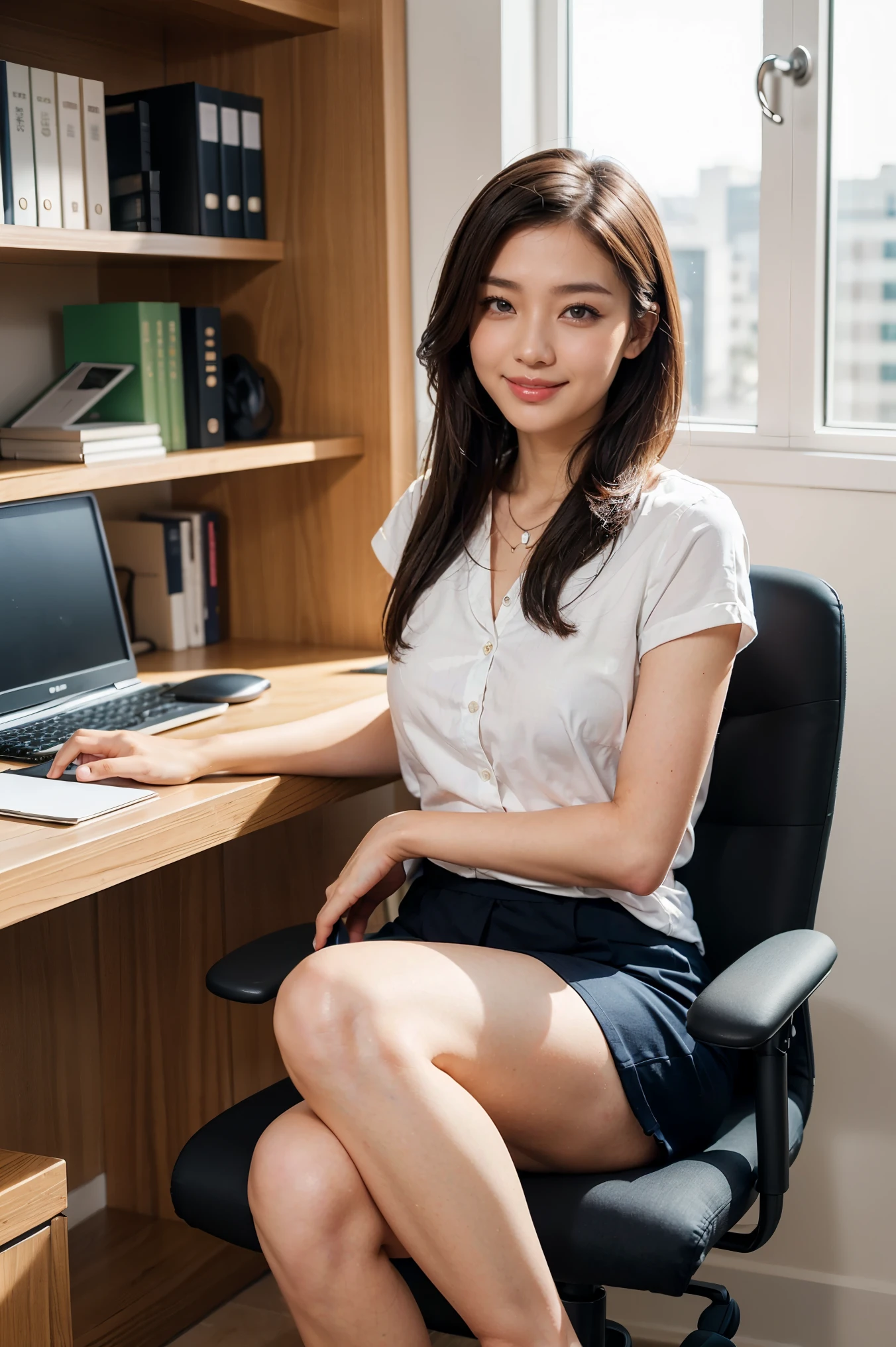 onoff,side-by-side photo,split screen,sitting in a chair, high quality, super realistic,realistic photo,cinematic lighting,depth of field, office lady, beauty, smile, beautiful legs, beautiful eyes, beautiful and accurate face, beautiful hands, background is office,