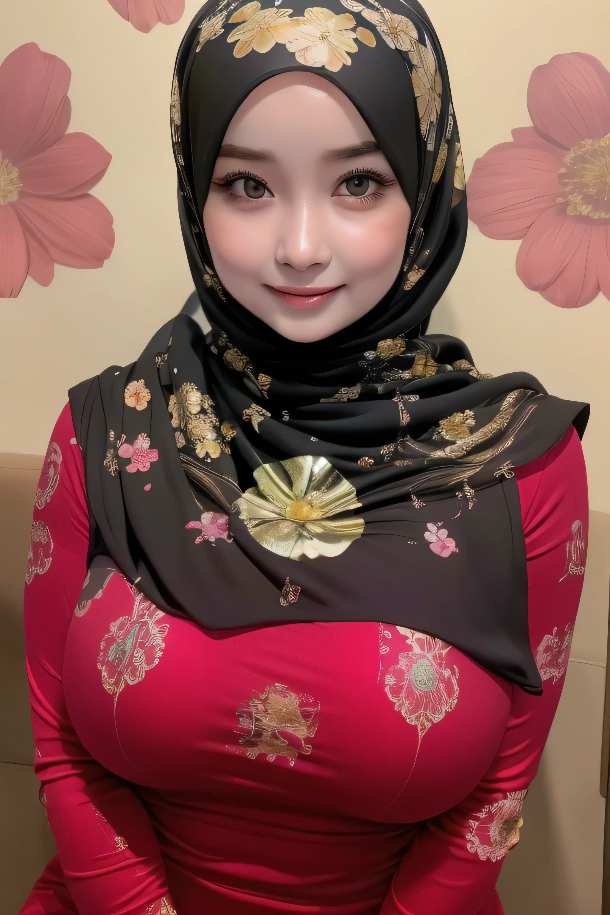 (((VERY shiny skin ))), Very cute like a , ((Elegant hijab )), popular, 1 girl, s, baby faceHalf body image , A smile , ( Face Details : 1), ( Eye Details: 1), ((Big round breasts , rend)). Nice Situation . proportional body . super resolution photo . (really: 1.8), ultra-high definition, (( shiny skin :1.5)), (((floral patterns)))