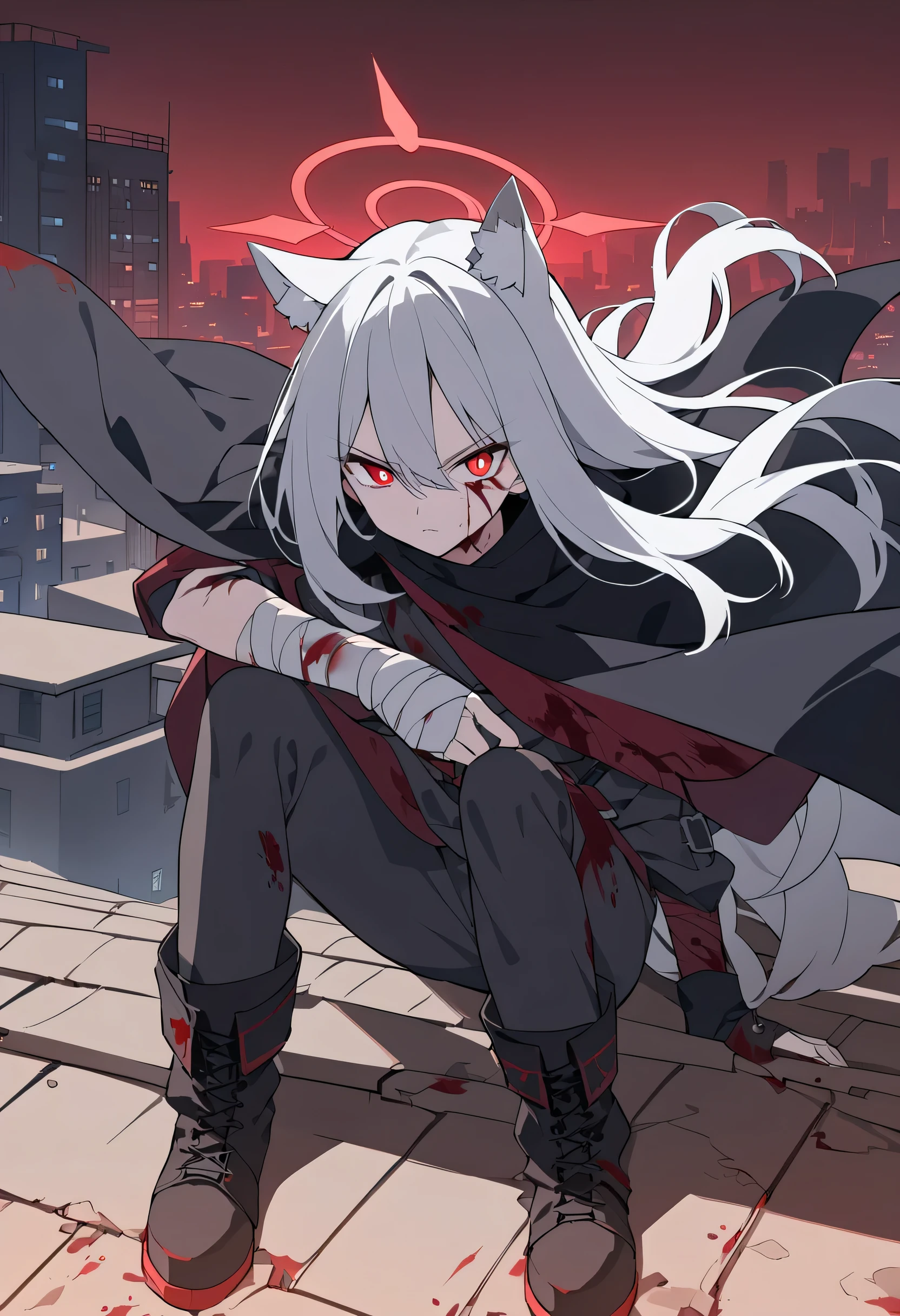 silver hair, long hair, alone, bright red pupils ,Red Halo, black boots,Cat ears, black cape ,midnight,Blood on the face, Scars on the face ,On the rooftop,Cities in the Desert , Serious Expression ,灰色夹克,Hand bandaged , bright red sky on the roof of the building,night