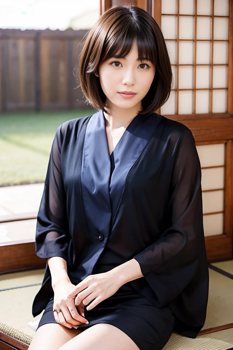 (Woman sitting on the grass:1.3、A sunny park:1.2)、(Realistic、Like a photograph、Live Action、8k, Realistic, RAW Photos, Best image quality: 1.4), Single-lens reflex camera、RAW Photos, Highest quality, Realistic, Very detailed CG Unity 8k wallpaper, Written boundary depth, Cinematic Light, Lens flare, Ray Tracing, Realistic background、(T-shirts:1.2、(Wearing a floral kimono:1.5、))、((Ultra-dense skin))、、((whole body:1.5))、smile、(Silver Hair、short hair、Shortcuts:1.3)、I like that style、stylish、Very detailed、Pay attention to the details、Perfect outfit、(Sunburned skin)、Beautiful legs:1.1，Anatomically correct body、Accurate Fingers、Sitting