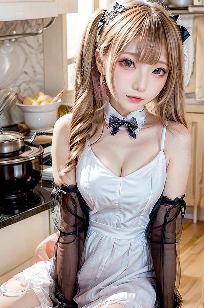 (hyperrealistic), (illustration), (high resolution), (8K), (extremely detailed), (best illustration), (beautiful detailed eyes), (best quality), (super detailed), (masterpiece), (wallpaper), (detailed face), solo, (dynamic pose), 1 girl, white wavy hair in the kitchen, korean, heterochromic eyes, small moles under the eyes, ((apron)), big breasts, long legs, tightens abs, (camel toes), (black stockings), (no panties), (no bra)