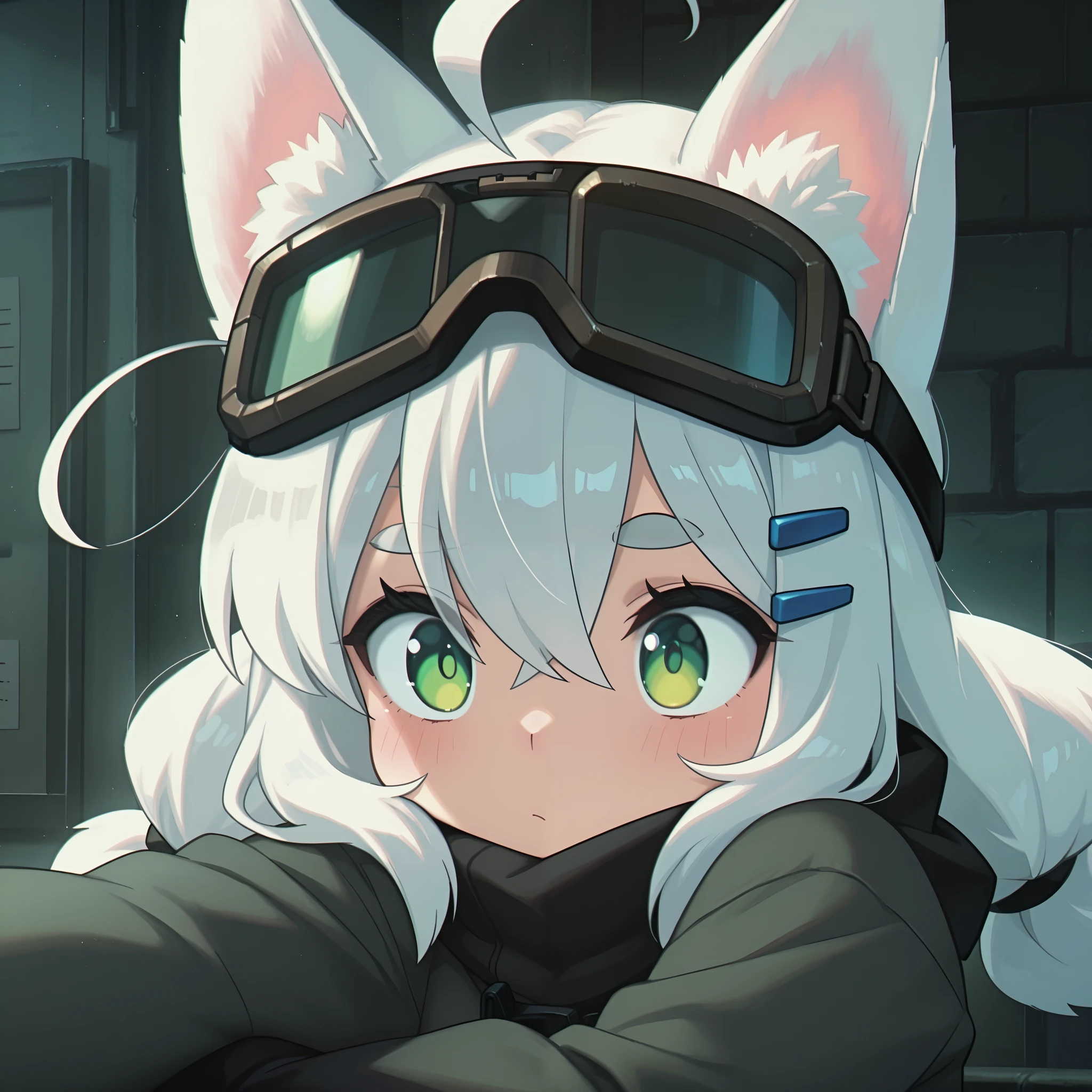 masterpiece, best quality, amazing quality, high resolution, ultra-detailed, absurdres, newest, Anime screencap, highly detailed, high quality, hyper-Detailed. BREAK. Being a fox girl, she natrually has fox ears, white hair with a grey gradient in low twintails, a huge ahoge, goggles on her head, fox ears, hairclips and green eyes.