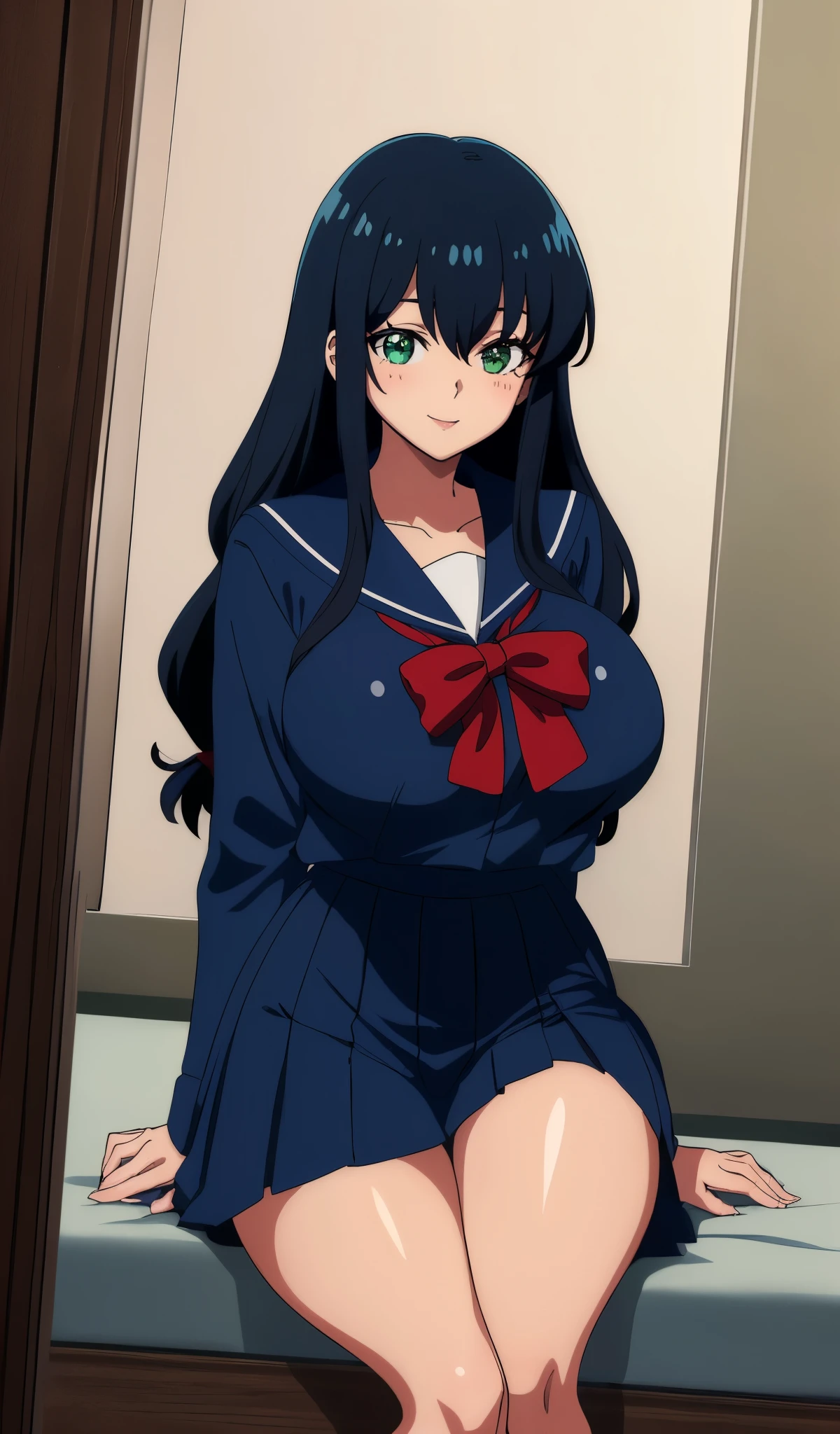 Young woman drawn in 80’s anime art style.
Retro anime. Vintage Anime. Classical Anime.
She has long and wavy blue hair, green eyes, full lips, and a beauty mark located under the right side of her mouth. She is well known for her curvaceous figure of which her most distinctive trait is her very large breasts. She has a sinister smile.
Meanwhile she is also visiting a High School!
She is wearing a sailor fuku (セーラー服, sērā fuku, sailor outfit) is a common japanese style of uniform worn by women, traditionally by high school female students.
The uniform generally consists of a sailor-styled blouse attached with a (Navy blue sailor-style collar) and a Dark Navy Blue Sailor Blouse. The length of the long skirt goes down past her ankle.
A ribbon is tied in the front and laced through a loop attached to the sailor blouse. The color is the ribbon is red. (RED RIBBON)
(Dark Navy Blue Sailor Shirt)
(Dark Navy Pleated Skirt)
(High School)