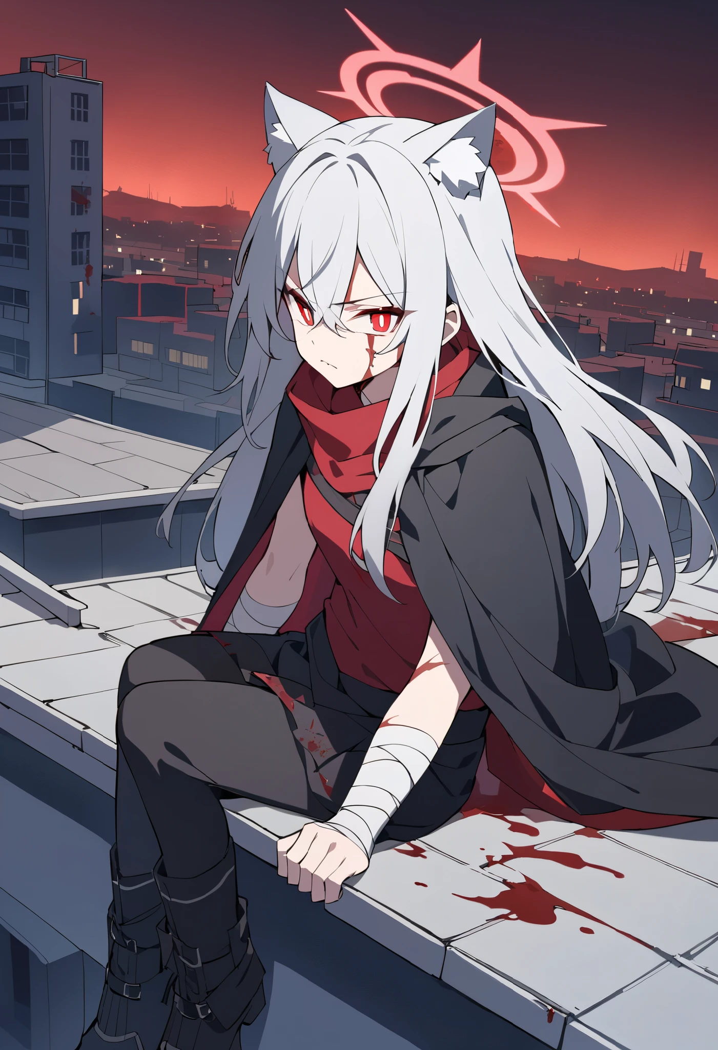 silver hair, long hair, alone, bright red pupils ,Red Halo, black boots,Cat ears, black cape ,midnight,Blood on the face, Scars on the face ,On the rooftop,Cities in the Desert , Serious Expression ,灰色夹克,Hand bandaged , bright red sky on the roof of the building,night