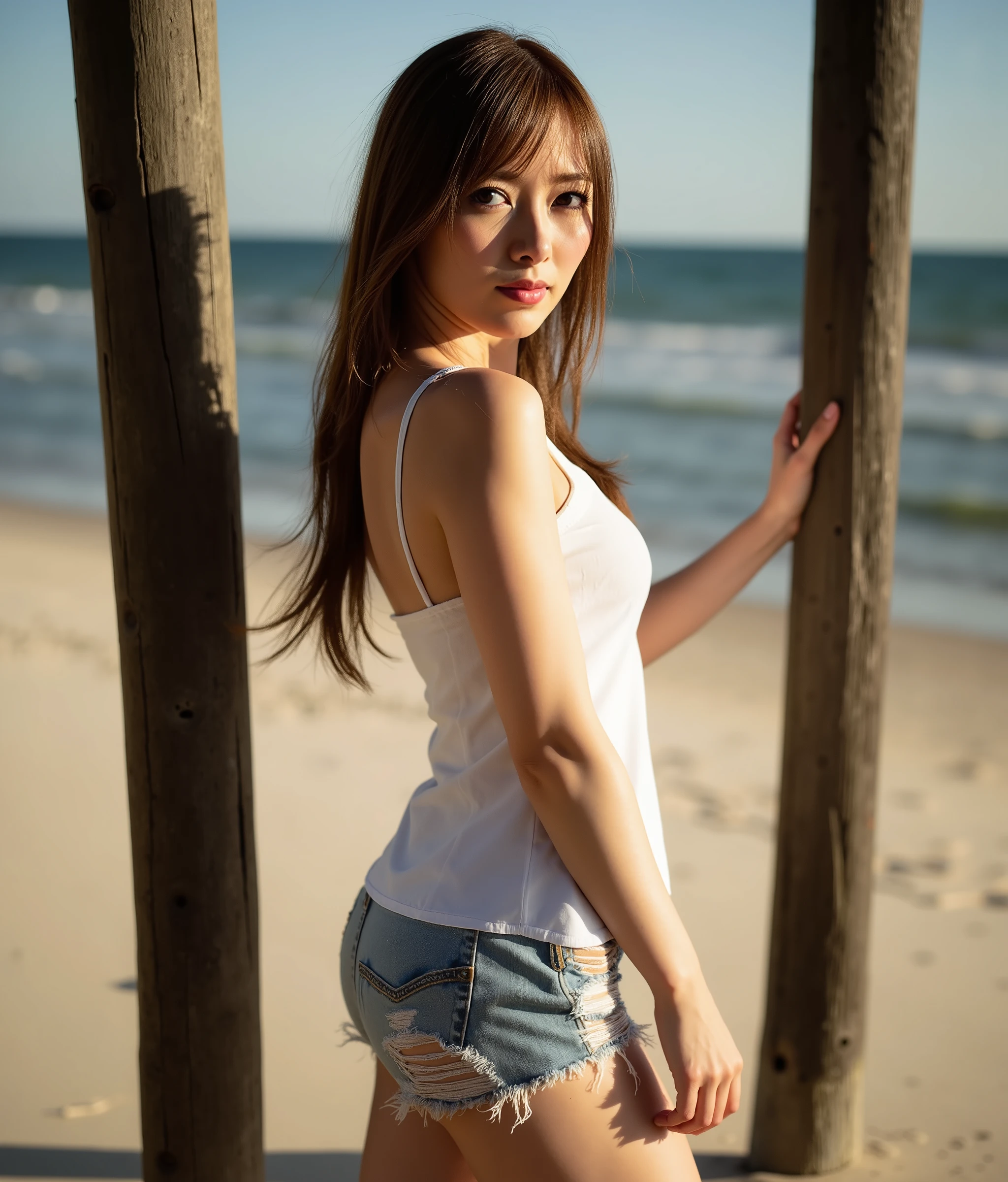 nsfw:1.2, from below:1.4,front focus:1.5,(8K RAW photo, live shooting, top quality, masterpiece:1.37), extreme light and shadow, full body shot :1.5, shiny brown hair, long hair, ,bangs, (pretty black eyes, sparkling eyes, fine grain), extremely detailed eyes caught between the pillars, very detailed face, very detailed eyes,, one girl, alone, masterpiece, cowboy shooting, ultra high resolution,nsfw, one girl, , (((white sexy short tank top, damaged denim shorts))), white skin, sandy beach.
