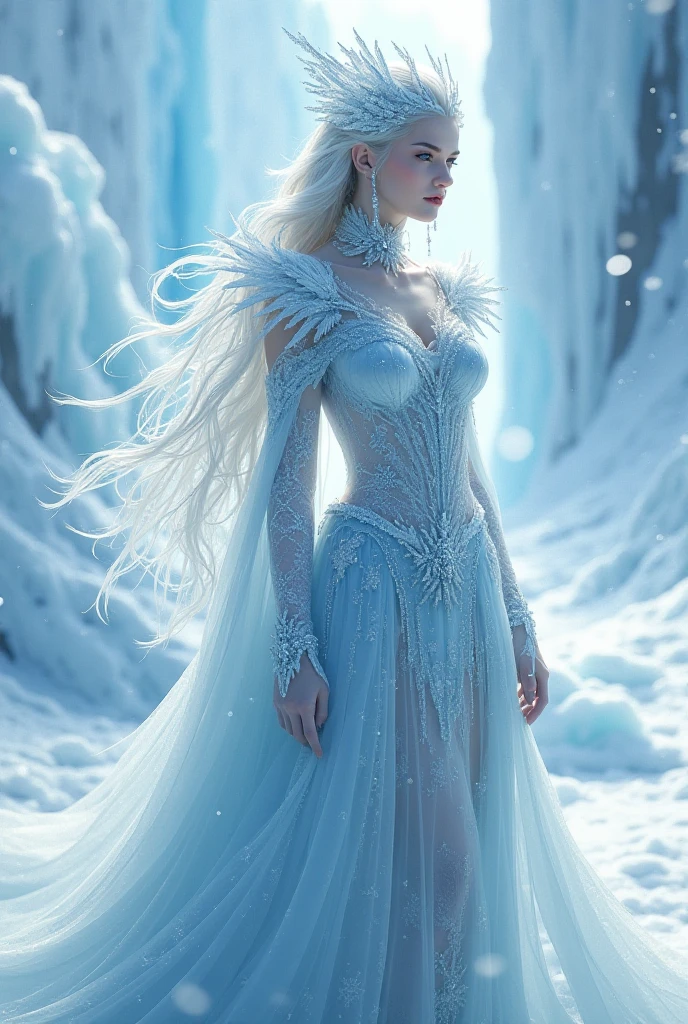 A beautiful ice queen who lives in a castle on a glacier。