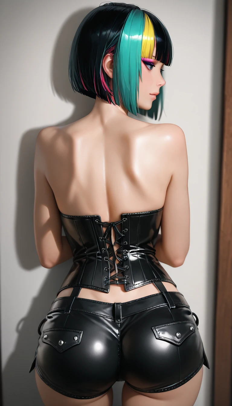 NFSW, Masterpiece, best quality:1.2, 1 girl, solo, striking teal and black bob-cut hair, tattoos, modern room, black shiny latex corset and skirt, geometric rug, contemporary art, edgy, stylish, bold aesthetic.