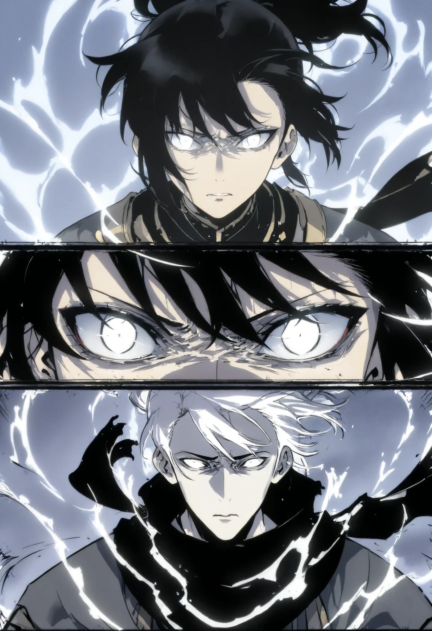 Pale man in fantasy clothes, Black hair with white highlights, wild black hair, wild hair in a ponytail, white eyes, furious, black scarf, 4k, white aura, intricate pencil sketch, perfect Anatomy