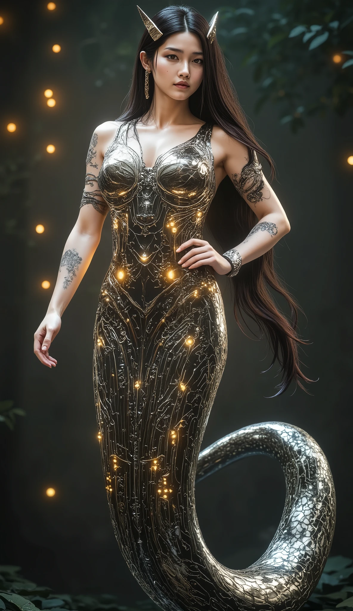 Create an image of a snake woman. She has a human upper body, with long flowing hair and an elegant, graceful expression. Her eyes are sharp and captivating, with a slight glow. Her lower body transforms into that of a large, coiling serpent, its scales glistening with shades of deep black and gold. The serpent tail should be long, twisting and fluid, with intricate scale patterns that reflect light. She stands tall in a mystical forest, her posture exuding both beauty and strength, surrounded by soft glowing lights to enhance the magical atmosphere.