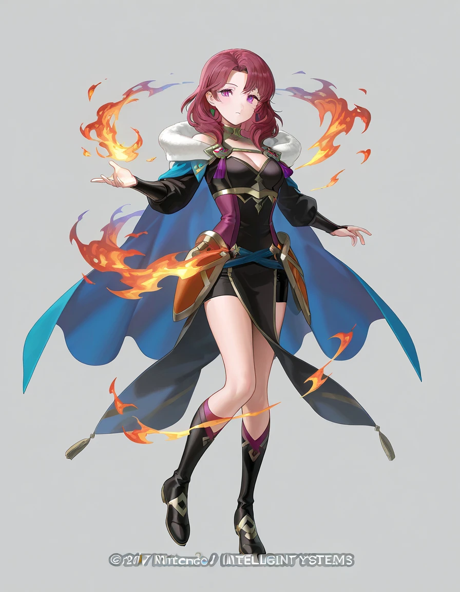 (masterpiece:1.2), (highest quality:1.2), 1girl, solo, red-hair, red-cape, breasts, green-eyes, long-hair, cape, navel, looking-at-viewer, jewelry, earring, belt, choker, gloves, magic, standing, ass-visible-through-thighs, boots, cleavage, closed-mouth, midriff, collarbone, red-lips, medium-breasts, legs-apart, makeup, thighs, full-body, simple-background, lipstick, revealing-clothes, black-choker, fingerless-gloves, black-gloves, waist-cape, shadow, lips, stomach, bangs, black-footwear, panties, armor, black-panties
