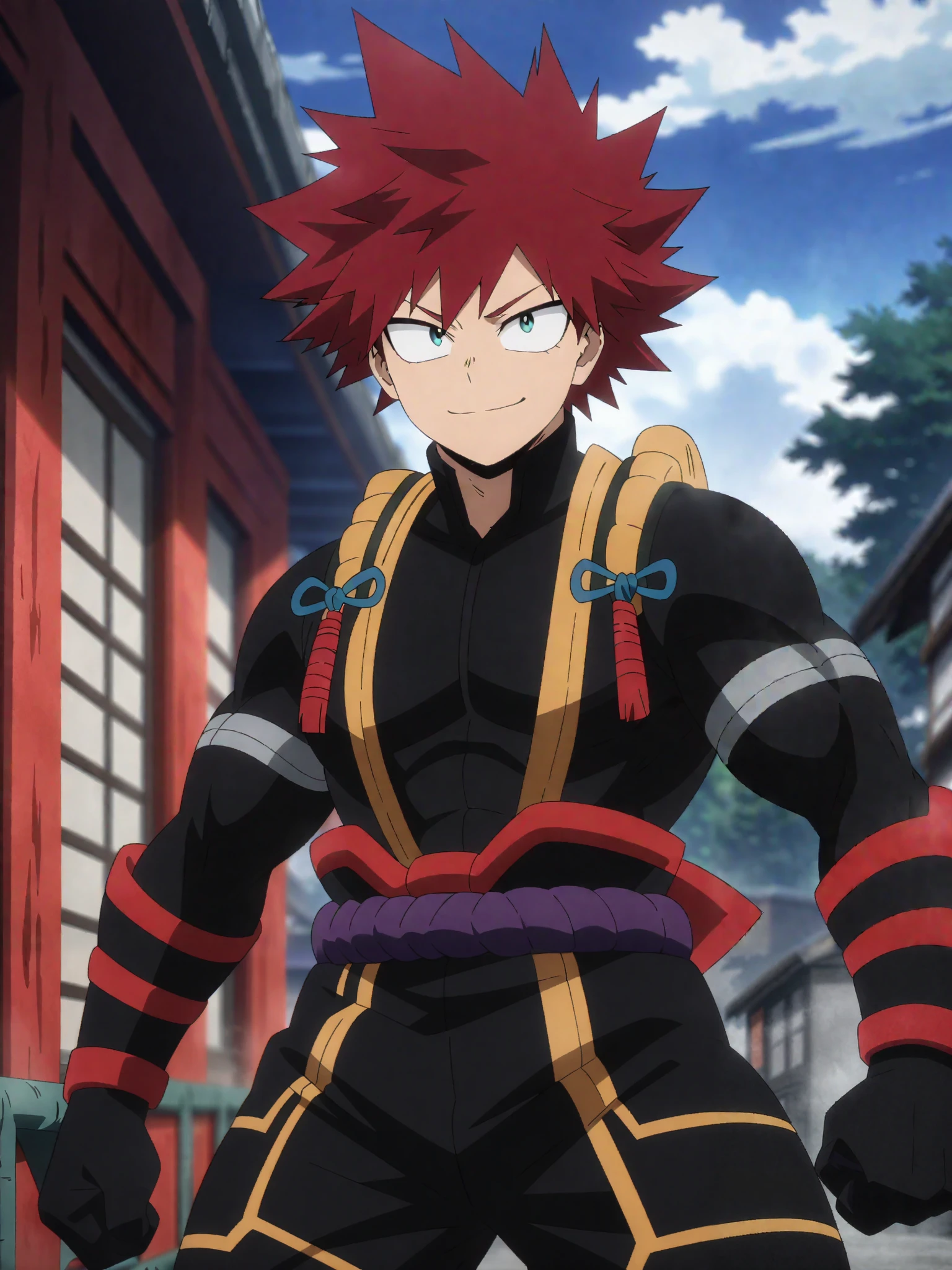 (masterpiece, best quality, anime, anime coloring:1.3, superhigh res). ((Samurai superhero as MHA character, sexy, small smile, adult, muscular, color hair, Male)). ((Superhero suit)), (((Wearing a samurai themed superhero suit.))). Modern ninja village background, colorfull.
My Hero Academia character, MHA style, anime style, my hero academia, boku no hero academia, animated. Anime, Best Quality, Masterpiece, High Resolution, 4K, perfect body, perfect eyes, perfect eyes, Full Quality, colorfull, Looking at viewer, Anime, Anime Style, High Resolution.