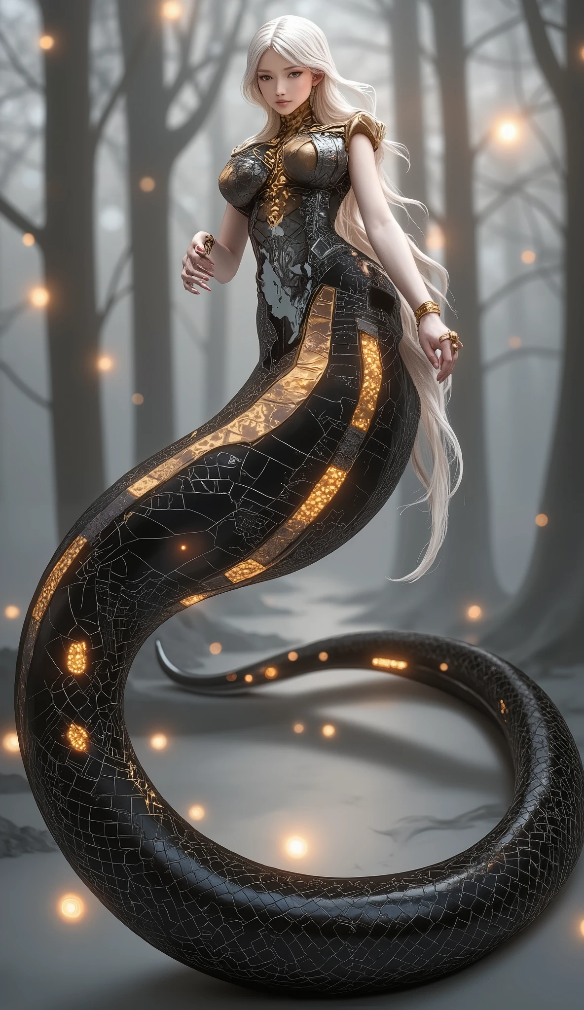 Create an image of a snake woman. She has a human upper body, with long flowing hair and an elegant, graceful expression. Her eyes are sharp and captivating, with a slight glow. Her lower body transforms into that of a large, coiling serpent, its scales glistening with shades of deep black and gold. The serpent tail should be long, twisting and fluid, with intricate scale patterns that reflect light. She stands tall in a mystical forest, her posture exuding both beauty and strength, surrounded by soft glowing lights to enhance the magical atmosphere.