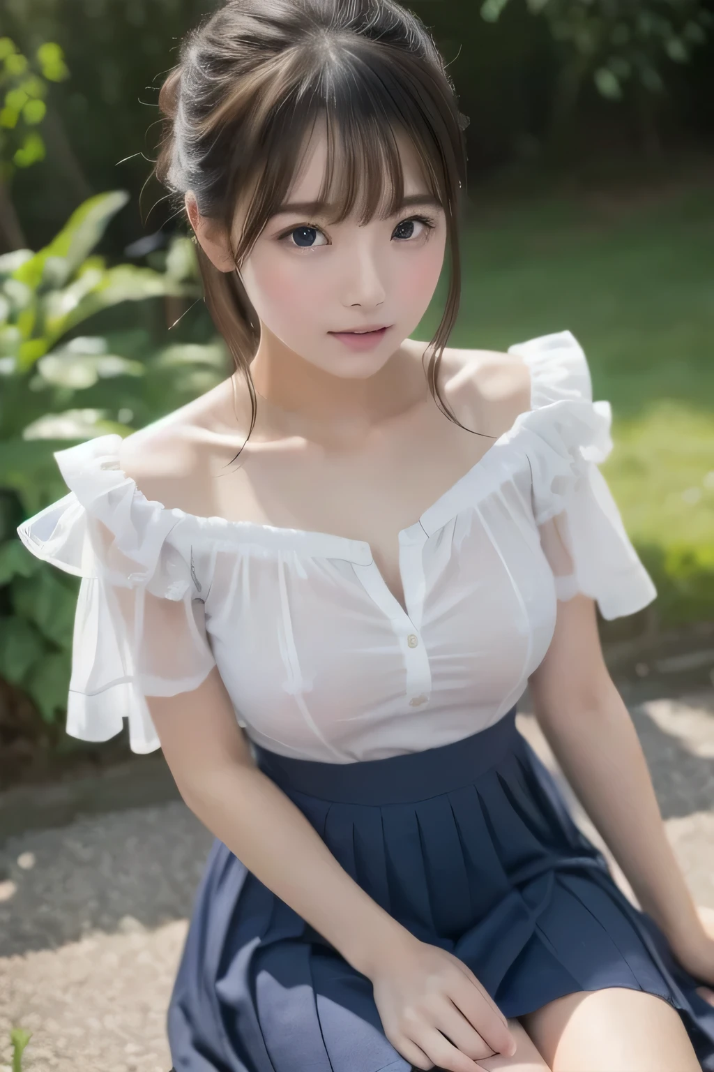 Araffe asian woman sitting on a bench in a white top and blue skirt ...
