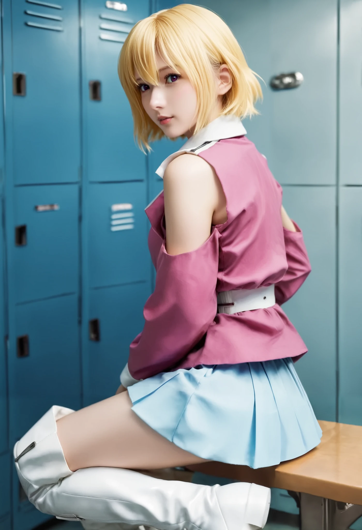 Stella, 1girl ,Alone,purple eyes,blonde hair,short hair,
pink jacket,shoulder cutout,blue one-piece,thigh boots,
score_9, score_8_ up the side, score_7_ up the side, rating_safe, by Nomi, photo by Nomi, Masterpiece, highest quality, intricate details,
locker room,
