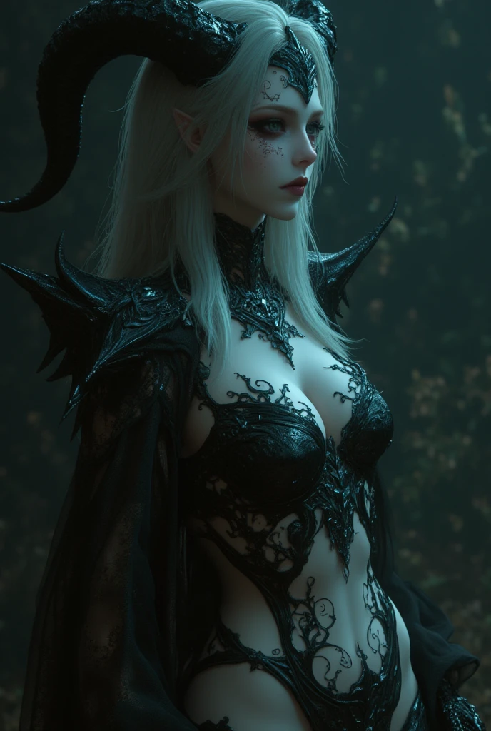 arafed woman in a black dress and a horned headpiece standing in front of a gate, succubuedieval, beautiful elegant demon queen, queen of the underworld, dark fantasy style, goddess of the underworld, dark sorceress, beautiful succubus, succubus in tight short dress, dark elf princess, beautiful dark elf countess, dark fae