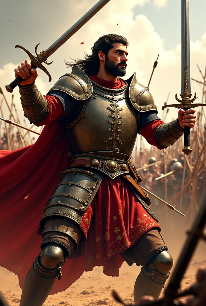 An Arab man wearing typical Middle Eastern armor is fending off attacks from enemies who are repeatedly attacking him, behind his body there are arrows sticking out of his veins, the man is standing swinging his sword trying to protect someone, depicting the figure of a very brave warrior. Made in Renaissance style with a high level of realism, featuring dramatic lighting typical of chiaroscuro, intricate facial details, decorated 8th to 17th century clothing. Intricate ornamentation The lighting technique and composition are similar to the work of Michelangelo or Leonardo da Vinci. The cartoon drawing style, full of color and detail, depicts the tense atmosphere on the battlefield.
