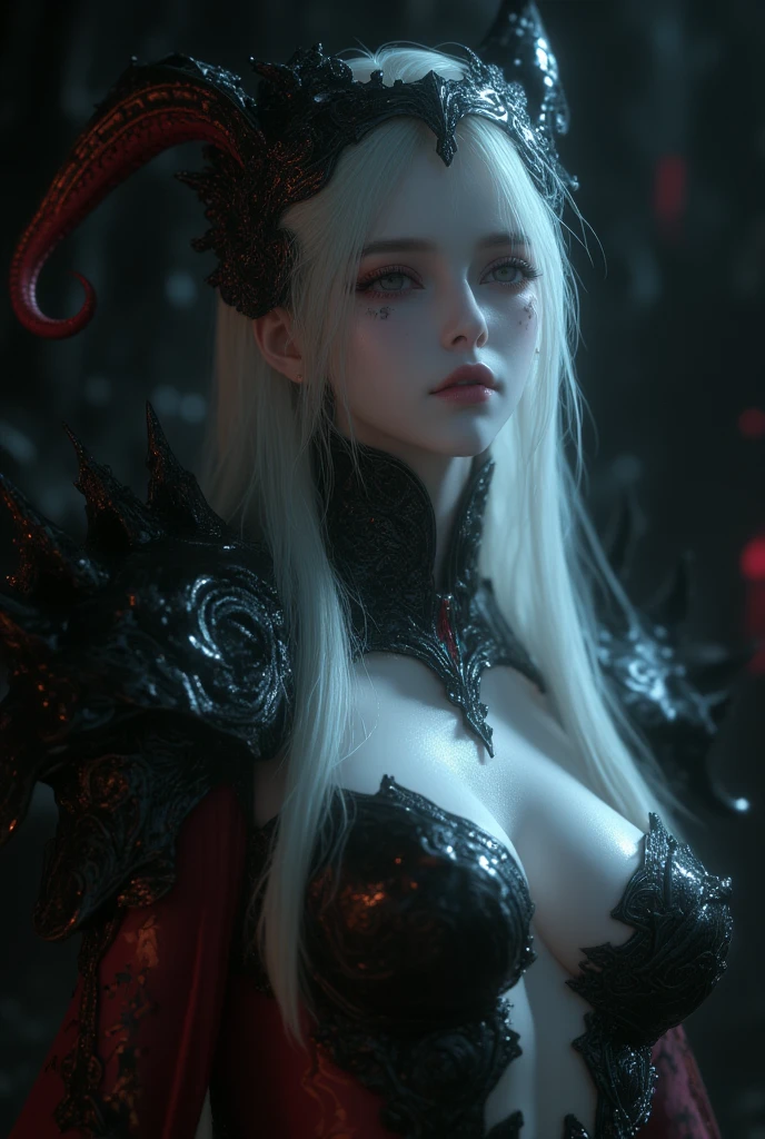 Cute Dragon girl, battle scene, pretty eyes, cool expression, long white hair, full body shot, seductive, portrait quality, 8K resolution, rich details, small round face, maid, hand cupped face, rose hair accessory , fair skin, mood lighting, aperture f/1.2, beautiful background, nude, naked, seductive
