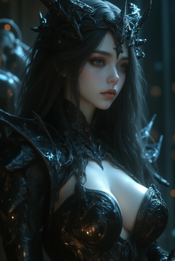 Create an image of the most stunningly gorgeous beautiful kijin, Stunningly gorgeous perfect face,  perfect makeup, detailed perfect silky smooth skin texture, detailed hour glass body figure, very long styled hair,  (matte black kijin armor spiked), ((underboob))), red horns, 