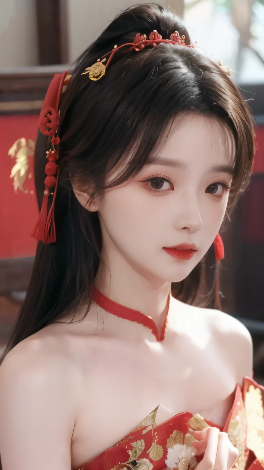 1 beautiful girl, long black hair, black eyes, Ancient Chinese style bun, wearing a thin silk shirt of ancient China, appears shoulders and head in the photo, plump red lips, pout, mouth shut, embarrassed, small face makeup detailed and very beautifull, breast augmentation, ((big blum boobs:1.2)), cover part of a girl's breasts with silk cloth, blush, from front, wear earrings, necklaces, from above, looking at viewer, upturned eyes, masterpiece, top quality, best quality, official art, unity 8k wallpaper, highres, ultra-high res, ultra-detailed, (photorealistic:1.2), alone, solo, Only 1 girl, style hanfu Dunhuang, 10x pixels, super realistic, ultra high quality
