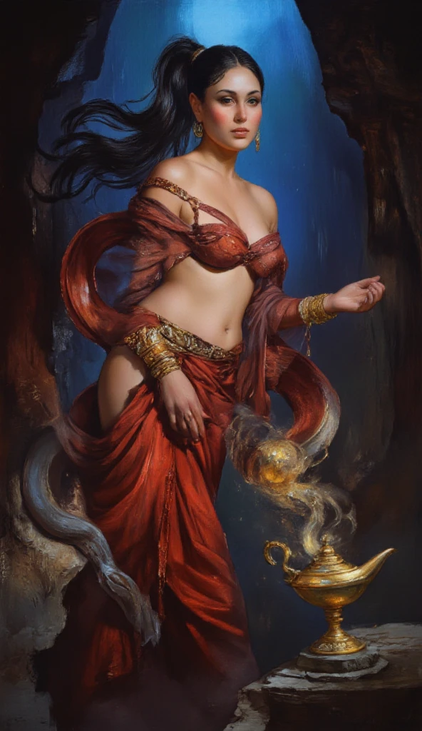 1 magician woman, expressive black eyes, elf ear, black hair, barely dressed with a fabric bra and a red drape barefoot, ,ritual pose , a gold dagger in one hand and using his fire magic in the other, full length portrait , mystical dungeon interior atmosphere in background, detail richness, masterpiece, best quality