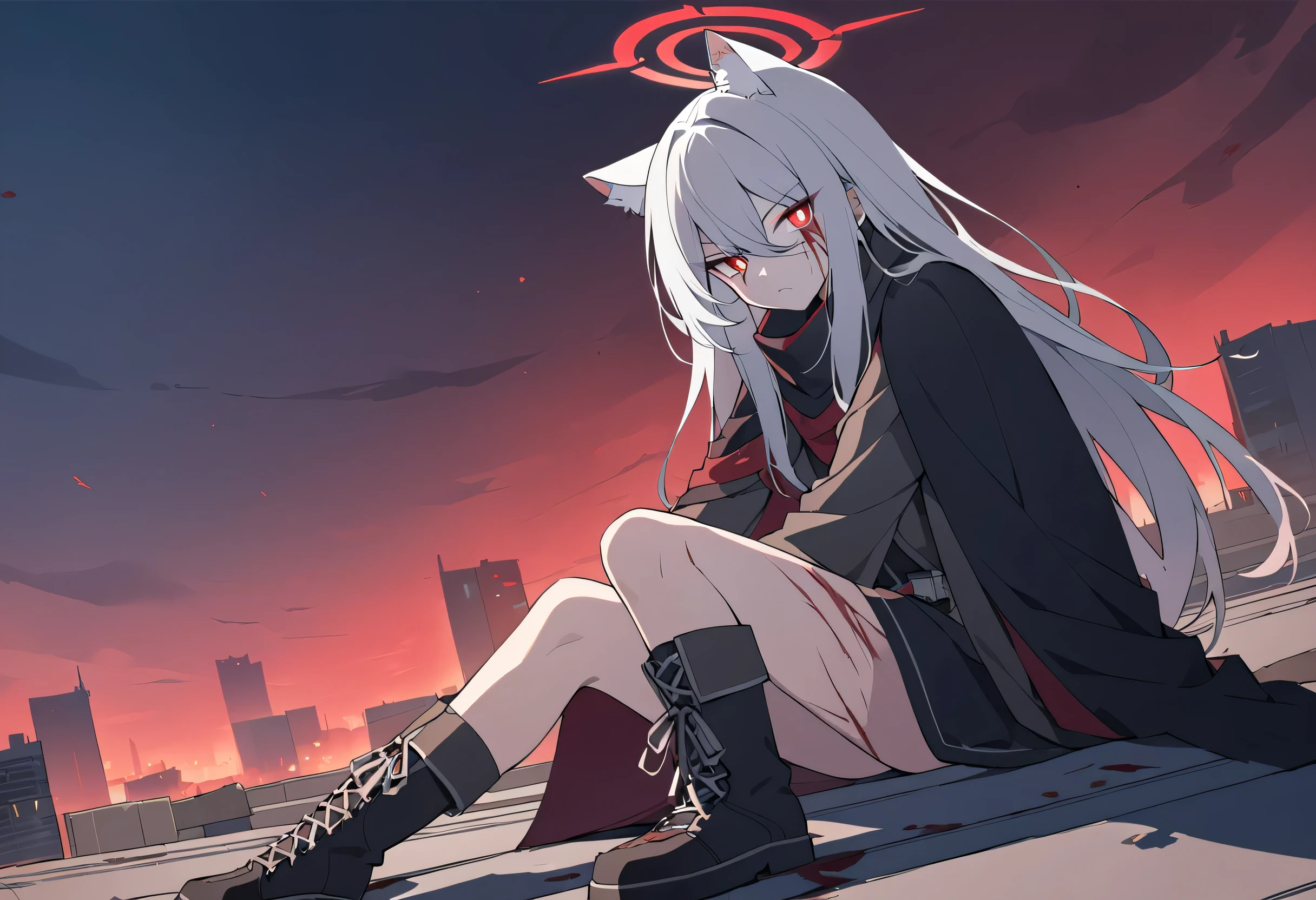 silver hair, long hair, alone, bright red pupils ,Red Halo, black boots,Cat ears, black cape ,midnight,Blood on the face, Scars on the face ,Sitting on the rooftop,Cities in the Desert , Serious Expression ,灰色夹克,Hand bandaged , bright red sky on the roof of the building,night