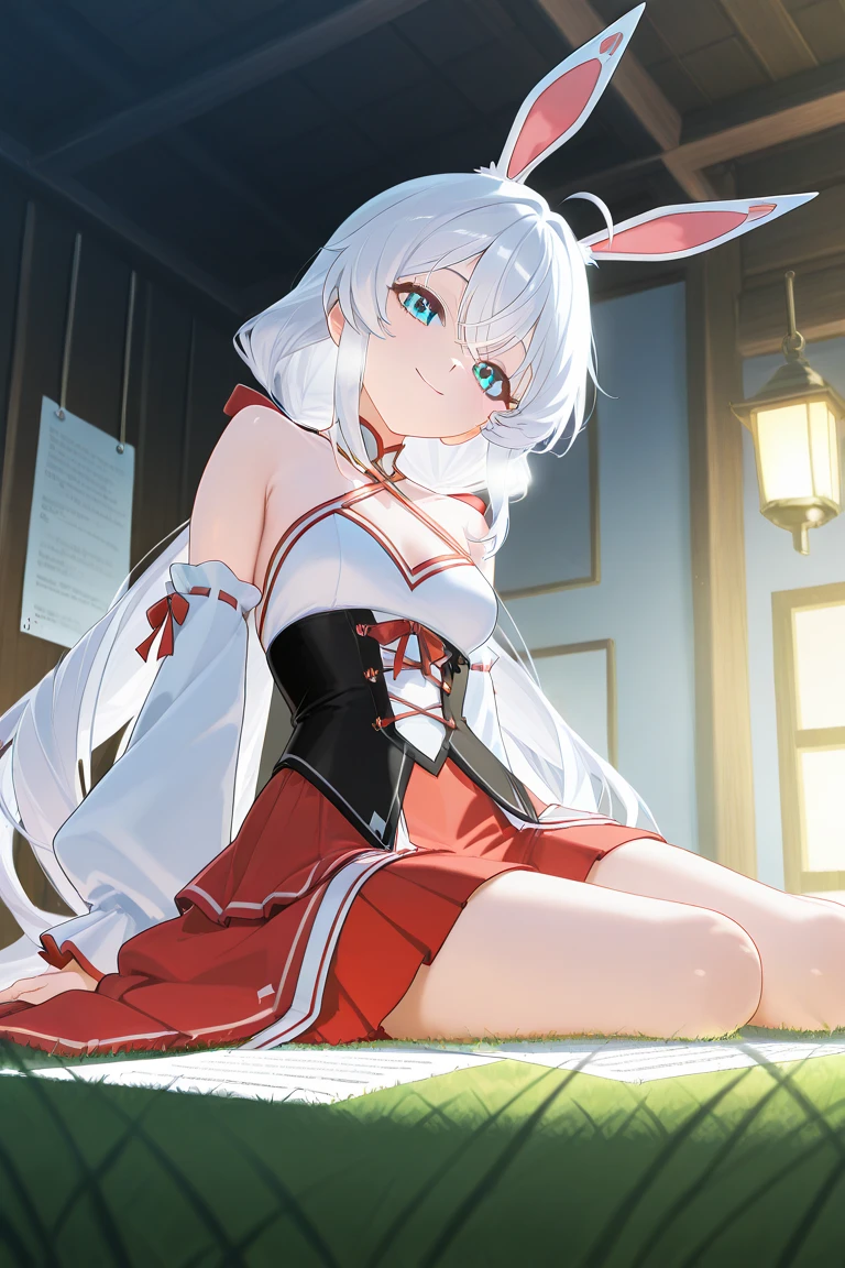 one girl, Shirakami Fubuki, fox ears, white hair, shrine maiden, legs, sitting