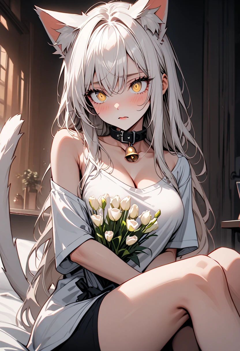 Race: Catgirl Demihuman
Height: 165cm.
Skin: Fair and unblemished.
Hair: Very Long silky white hair that reaches her knees when not styled + Slightly messy bangs.
Eyes: Golden eyes.
Body: Beautiful face + Very large soft breasts + Slender waist + Wide hips + Toned stomach + Slender/soft thighs + Large soft ass + Luscious lips + Soft/Fluffy cat ears + Soft cat tail + Very tight Vagina/Anus.
Outfit: Wears a casual white sleeping shirt with most of the buttons undone + A black cat collar.
