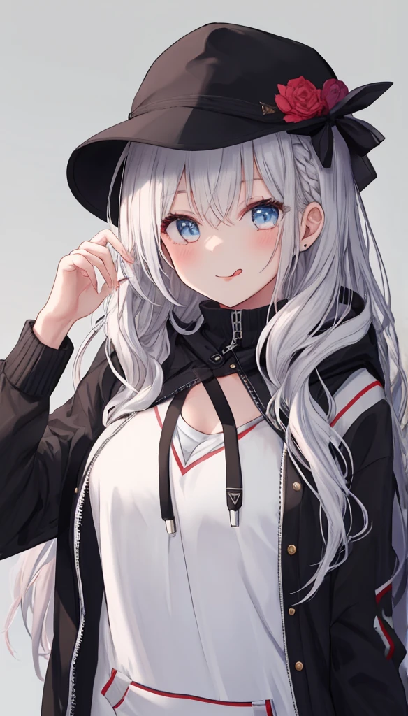 masterpiece, high quality, A pretty woman, Long hair, wavy hair, White hair, blue eyes, smiling face, big breasts, juicy breasts, Open shirt, short skirt, black jacket, black beanie hat, background of a coffee shop