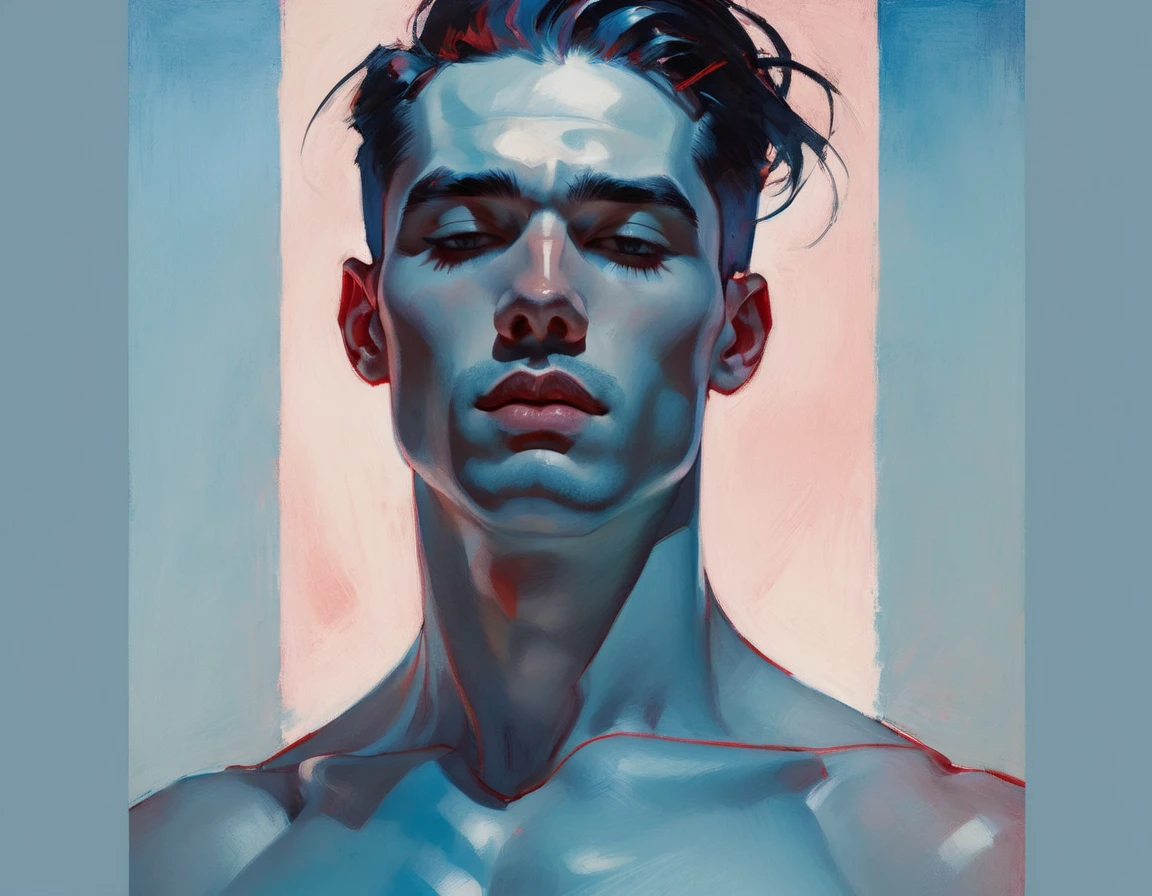 chiaroscuro technique on sensual illustration of an arafed man in white underwear, sexy masculine, diego fazio, male model, by Ludovit Fulla, model with attractive body, inspired by Ludovit Fulla, mid-shot of a hunky, the model draped in flowing, thick oil painting by Harumi Hironaka, extremely soft colors, vibrant, highly detailed, malcolm liepke painting, oil on canvas, high contrast, dramatic, refined, tonal, Create high contrast between light and shadow fire around, there is a red circle on a blue and red square, inspired by Bauhaus, in a shapes background, brown red blue, circle forms, red blue, by Leon Polk Smith, memphis abstract minimal art, graphic shapes, minimal art, blue and red, minimal art style, bauhaus art, inspired by El Lissitzky, bold simple shapes