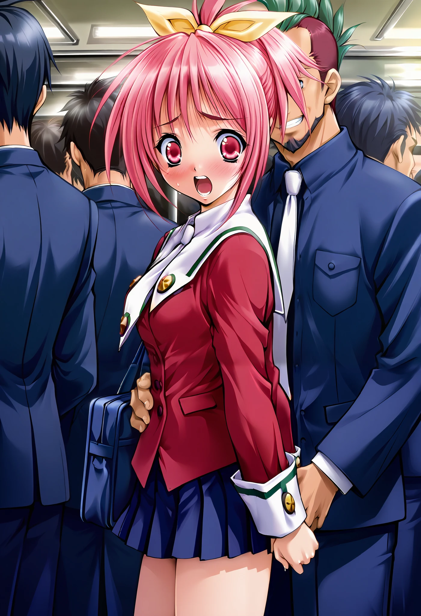 masterpiece, best quality, official art, amazing quality, ultra highres, very aesthetic, highly detailed,
(3Man), 1girl ,Serina,yellow ribbon,(pink hair),(pink eyes), beautiful detailed eyes, BREAK
serina_school_uniform, red school uniform, white necktie, blue pleated miniskirt,(school bag),arms behind back,embarrassed,(surprise),((furrowed brow)),(open mouth),((back)),
standing,((crowded train)),evening,cowboy shot, highly detailed,a BREAK b nsfw,mohawk, multicolored hair, green hair, facial hair, blue eyes,school uniform,grin,(Hand on another's hip),((Surrounded by Mohican-headed)),