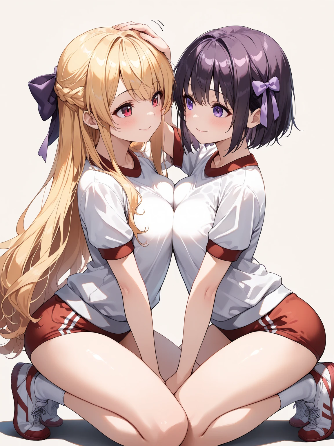 2girls, nishikigi chisato, inoue takina, lycoris recoil, couple, perfect anatomy, symmetry, sukumizu, school swimsuit, thighhighs, huge breasts, big ass, looking at viewer, shy, blush, smile, masterpiece, best quality, very aesthetic, absurdres,