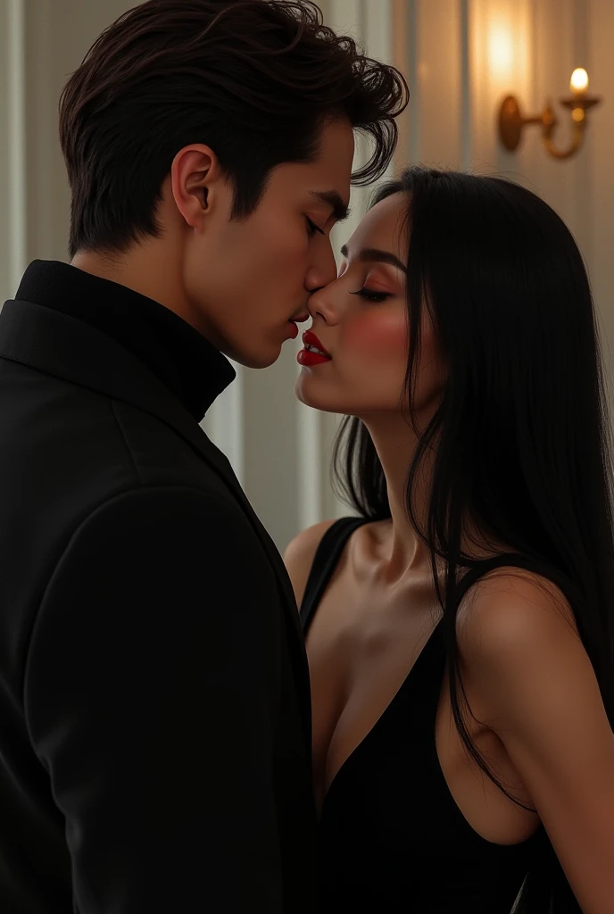 top-quality、超A high resolution、A hyper-realistic、reallistic、Raw photography、8k picture、Young sexy Donald trump、Wearing off-the-shoulder black tight dress、strap slip。Brown Long Hair、Young handsome Joe Biden is caressing woman kissing the nape of the neck from behind、The man's hand is attached to the woman's flank、Sensual 2、hotels room