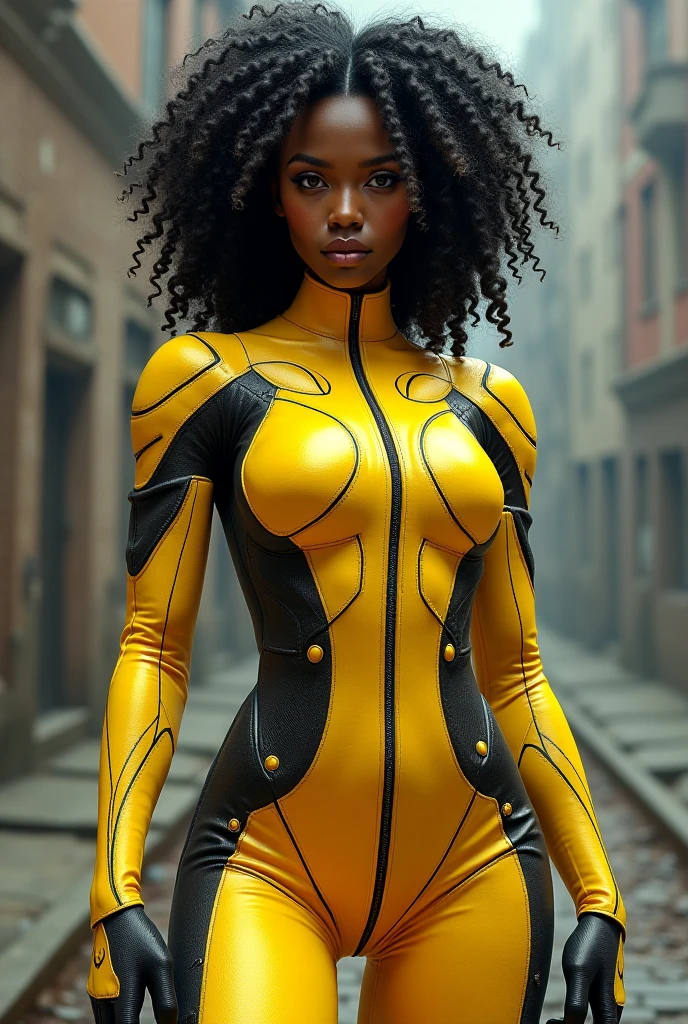 African woman, medium breasts, (dark skin:1.25), large afro hair, BREAK, wearing 1, cleavage cutout, BREAK, posed sitting on bench, BREAK, cinematic lighting, (neon:1), <lora:é·é:0.9>, masterpiece, best quality, high quality, detail, highres, absurdres, 8k