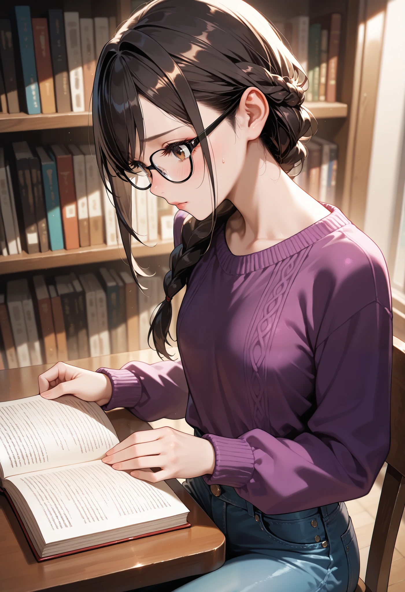 ((masterpiece,Highest quality;1.3,best illustration,realistic)),1woman、独奏,22 year old beauty,((very small head:1.1)),center parted bangs,forehead,black hair,long hair,black eyes,gorgeous eyes,Black-rimmed glasses、tears,Painful,Heavy breathing,medium breasts,((very long body)),((toned body,slender body,skinny)),gleaming skin,shiny skin,oily skin,(oversized blue cardigan,Dark blue pleated mini skirt)、White tank top、sitting,Endure the urge to urinate、Book、library、Tokyo、