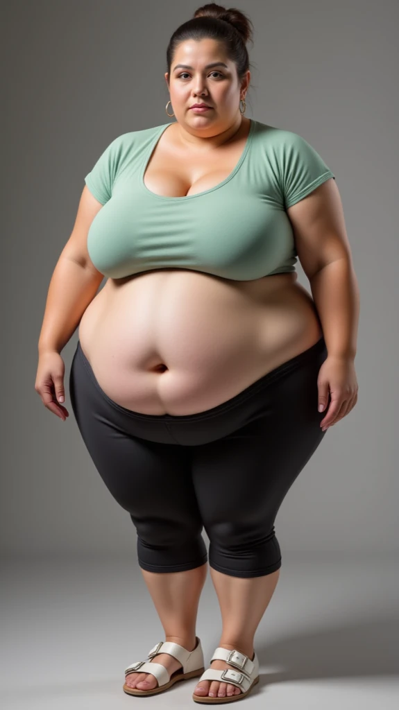 Creative photo of obese woman happy to lose fat in abdomen