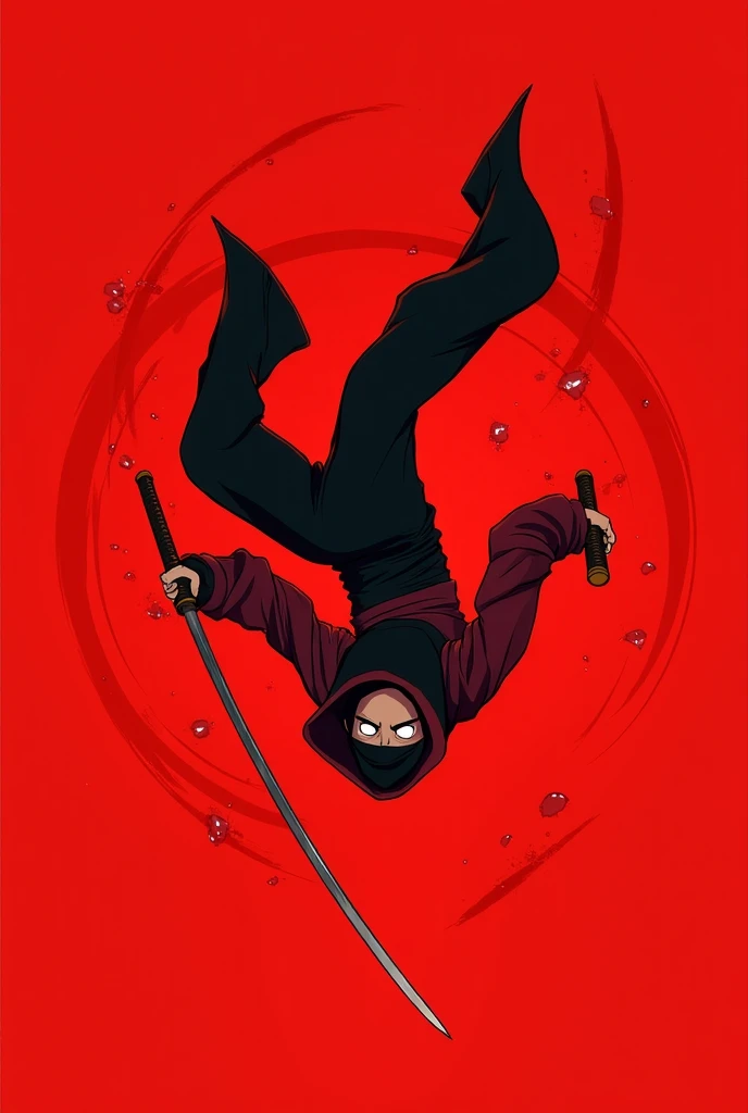 A minimalist stylized ninja in an ultra-dynamic mid-air pose, performing an exaggerated acrobatic flip with extreme fluidity. The ninja wears a vibrant red and black hooded outfit, with the fabric billowing dramatically in the motion. The ninja wields dual katanas in a fierce, aggressive stance, with blades glowing faintly and creating streaks of light as they move. Glowing white eyes with intense focus, a shadowed face (not overly dark), and sharp facial features. Bold black outlines define the ninja's form, emphasizing the dynamic motion. The background is a solid red with subtle circular energy effects.