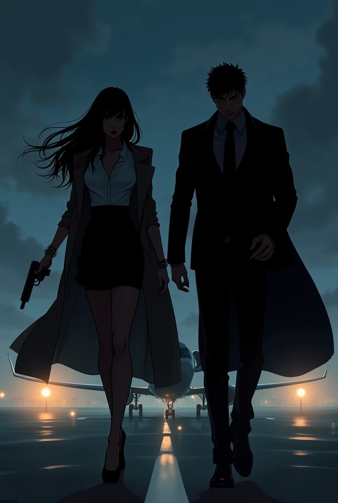  two black silhouettes without attractive faces : a slender woman,  cascading long hair , with bangs,  dressed with a silk shirt , a tube skirt , heels,  a trench coat over her shoulders.  her left hand making the gesture of a gun with her fingers, Her long nails ,  rings and bracelets , shooting where he . a man,  long hair tied at her side , tonificado, suit dress,  Shoes,  her right hand making the gesture of a gun with her fingers ,  shooting where she.  in the middle of an airplane runway , enemies .  at night.  high quality digital color drawing anime . 