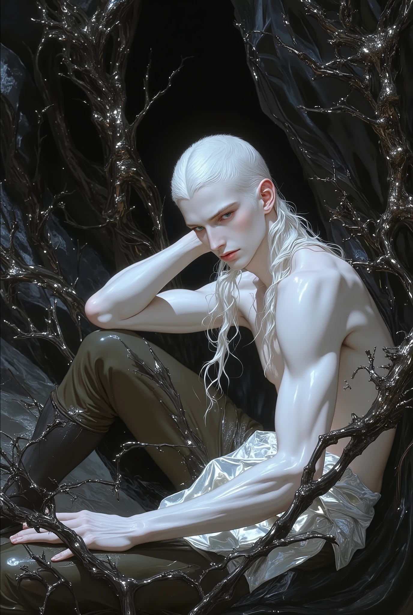 (1 boy, albino tall slender androgynous male Snow Queen, pristine, precious, fragile beauty, hoarfrost, translucent, thin neck, flat chest, soft belly, curvy hips, his penis and testicles are made of ice, thus very fragile and vulnerable to heat, he is immortal while he is cold, but the warmth of love will kill him)