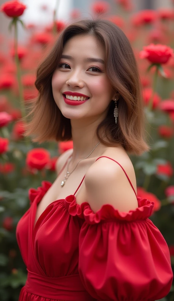 a beautiful Indonesian woman, smooth white skin, well-groomed face,top bun hair, Korean style with bangs, ,wearing a closed chest dress, red, knee length,left and right sleeves with beautiful ribbons,balloon sleeve model ,memegang buket bunga mawar  red ,black watch, white shoes, Sitting pose, di rerimbunan bunga mawar, warna red  yang berbunga indah dan lebat. Rose garden background, beautiful very amazing .Realistic original photo 
