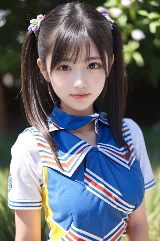 Cat-eared girl、cute、uniform、A girl wearing clothes that show off her back、、青のuniformを着た女の子、Golden plump eyes、Blue sky