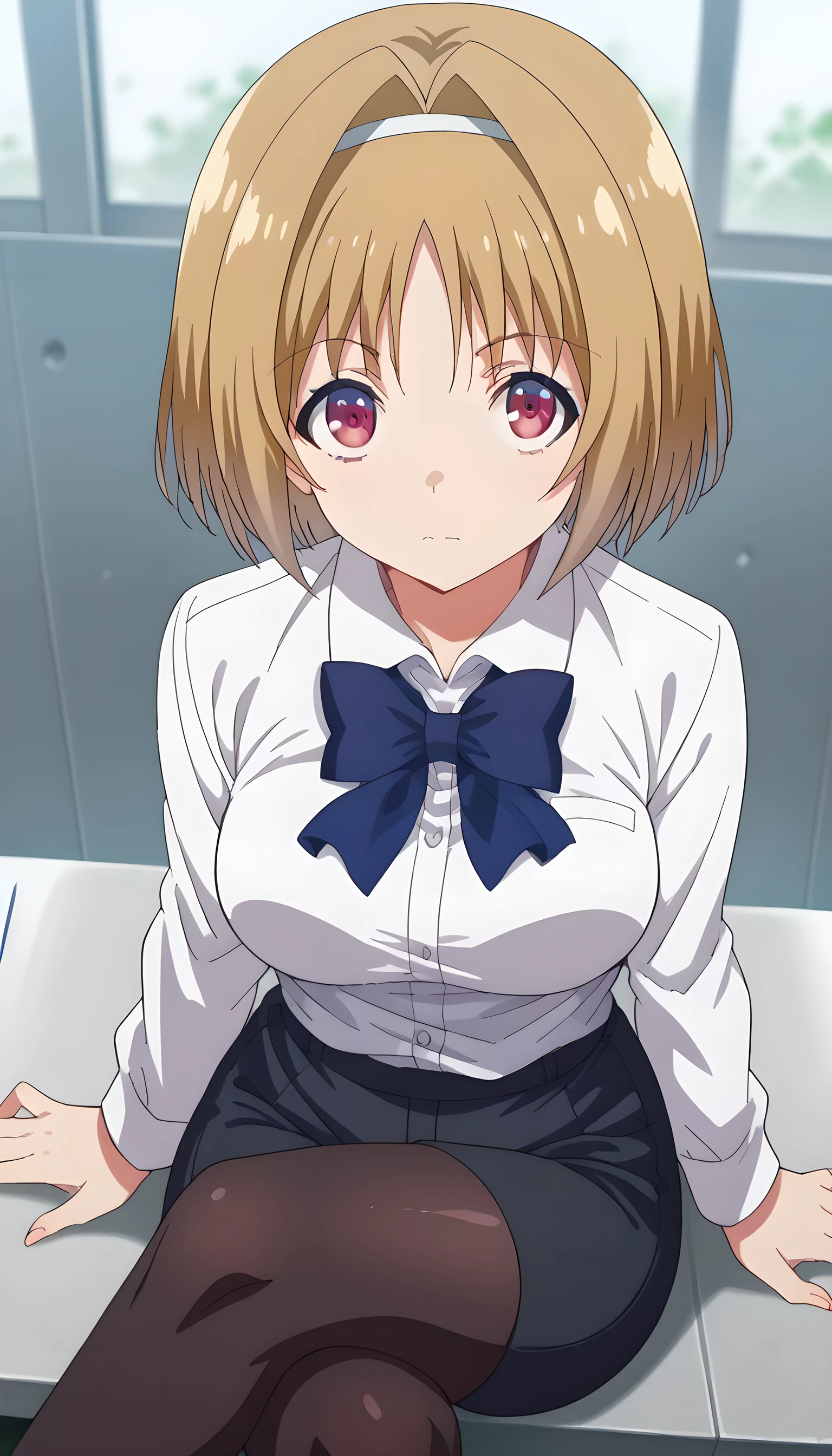 score_9, score_8_up, score_7_up, source_anime,
kikyoukushida, kikyou kushida, short hair, blonde hair, red eyes, hairband, hair intakes,
shirt, long sleeves, bow, office uniform, white shirt, bowtie, blue bow, black pants,
white simple background, black stockings, thick thighs, hourglass figure, sitting , crossed legs, from above, looking at viewer, cute face