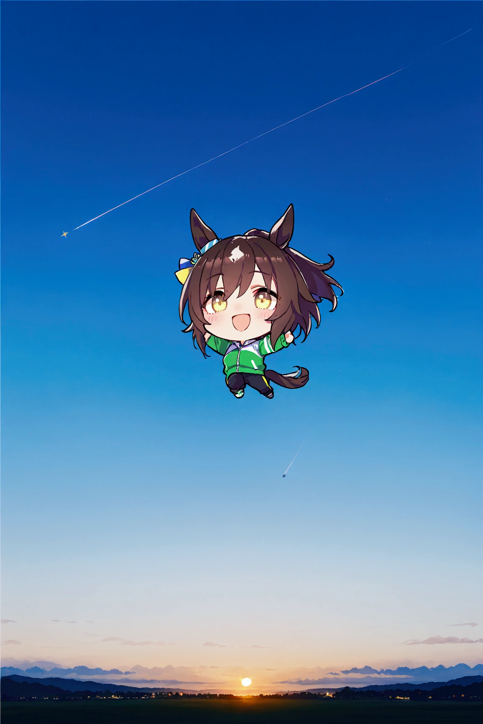 1girl\(trainer \(umamusume\)\),chibi,flying sky,smile,:d,(dynamic pose:0.25) ,masterpiece, best quality, 8k, highres, ultra-detailed,HDR, UHD, professional, vivid colors