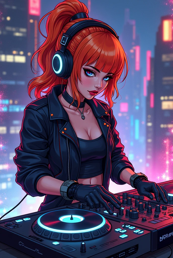 kim possible action shot of a blooded red liquid female assassin soaked in blood djing dj sctratching viynls bloody decks