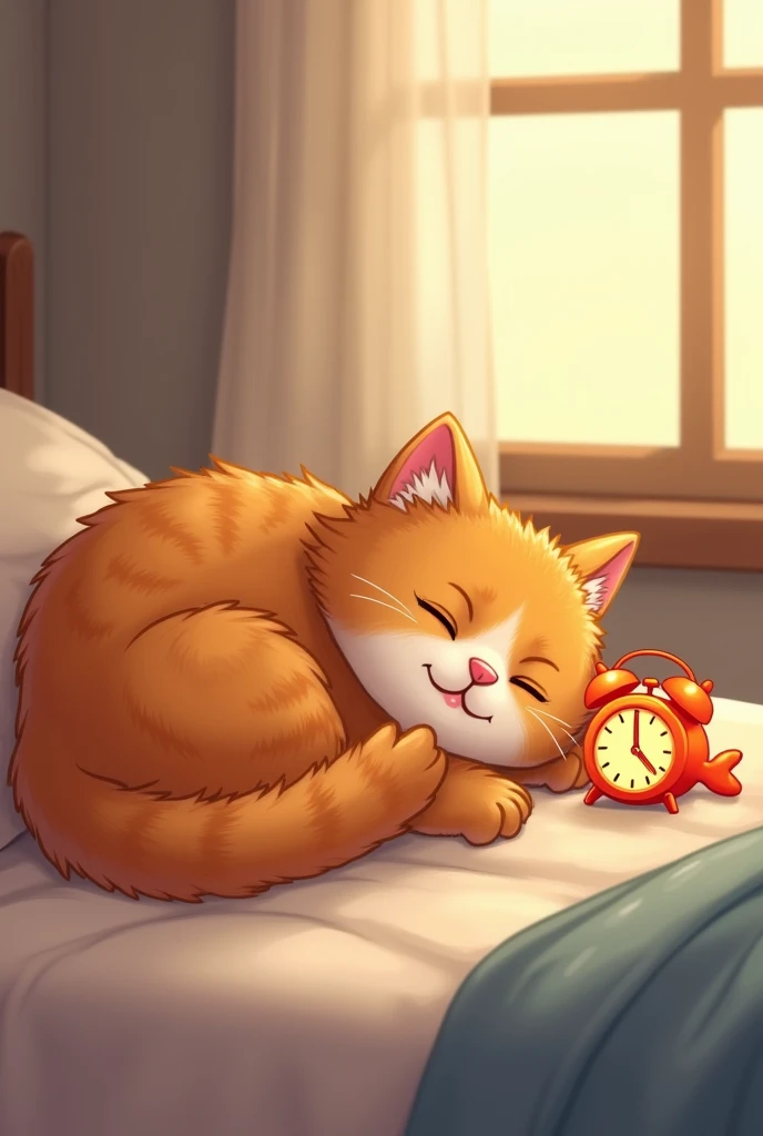 "A fluffy, orange tabby cat is sleeping peacefully on a soft bed ...
