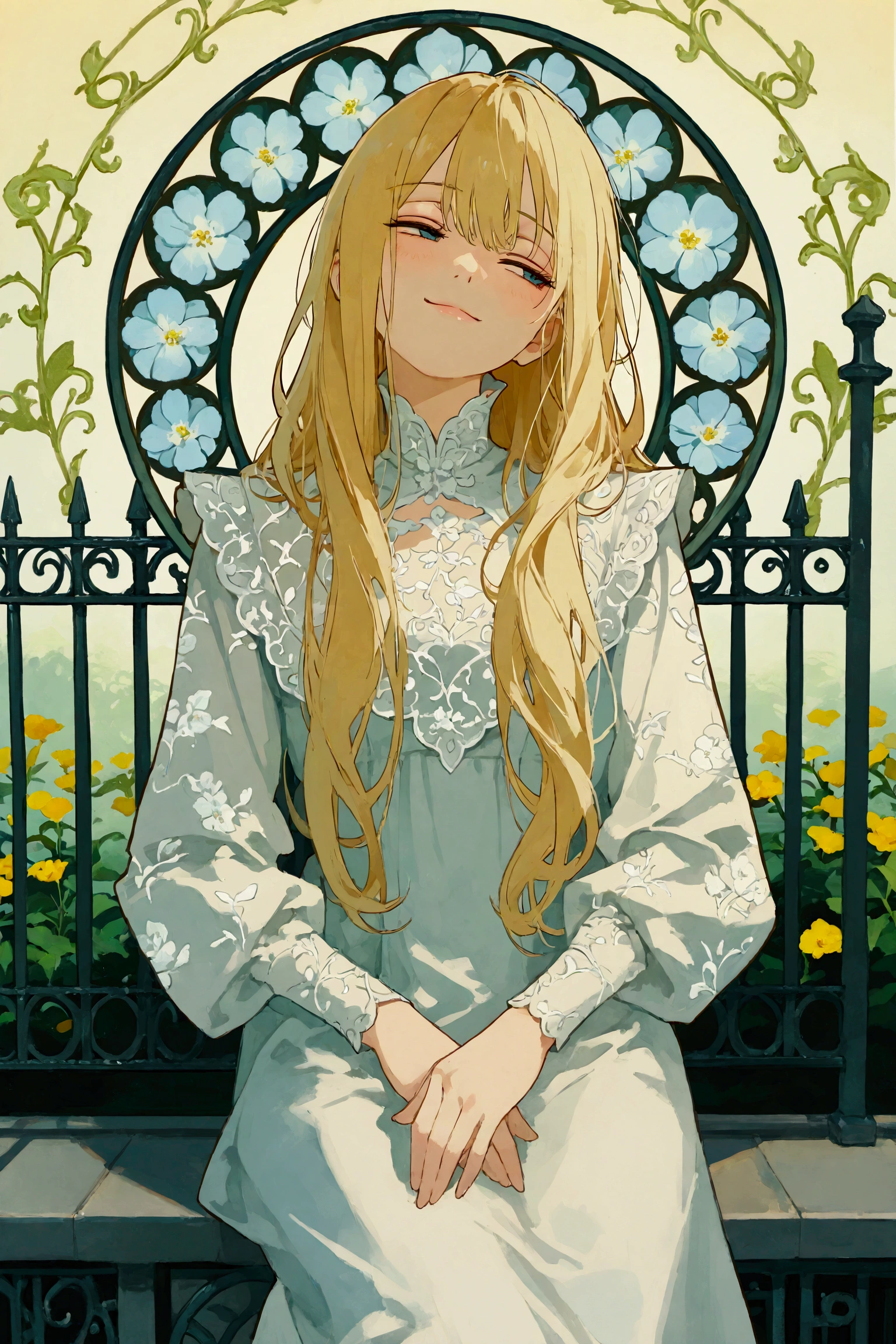 1girl,expression\(seductive smile,half-closed eyes,confident\),looking away,elegant posture, long-sleeved dress, high collar, intricate floral patterns, flowing hair, background\(rooftop garden, wrought iron fence, soft pastel lighting, blooming flowers, delicate shadows\), Art Nouveau style, watercolor style, best quality,