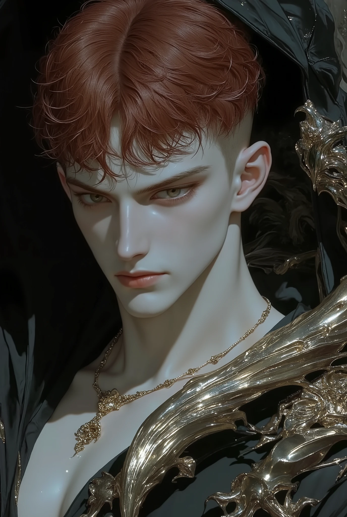 young man with a symmetrical slim athletic body, deep maroon Blunt Cut Middle Part hairs. snow white pale skin, very masculine, wearing small shorts, amber eyes, Roman nose, full lips, fine face, medium eyes, broad shoulders, narrow waist, muscular legs, handsome, gorgeous, he is sitting on a rock spread legs, starting to the viewer, intimidating gaze, blue eyes the background s, waterfall, intricate details, cold intense deep colors lots of details,, theme: Roots and broad Wings Inspiration: This concept explores the duality between the roots that keep us anchored and the wings that allow us to fly.. The piece symbolizes the importance of recognizing our origins as we seek and personal growth..