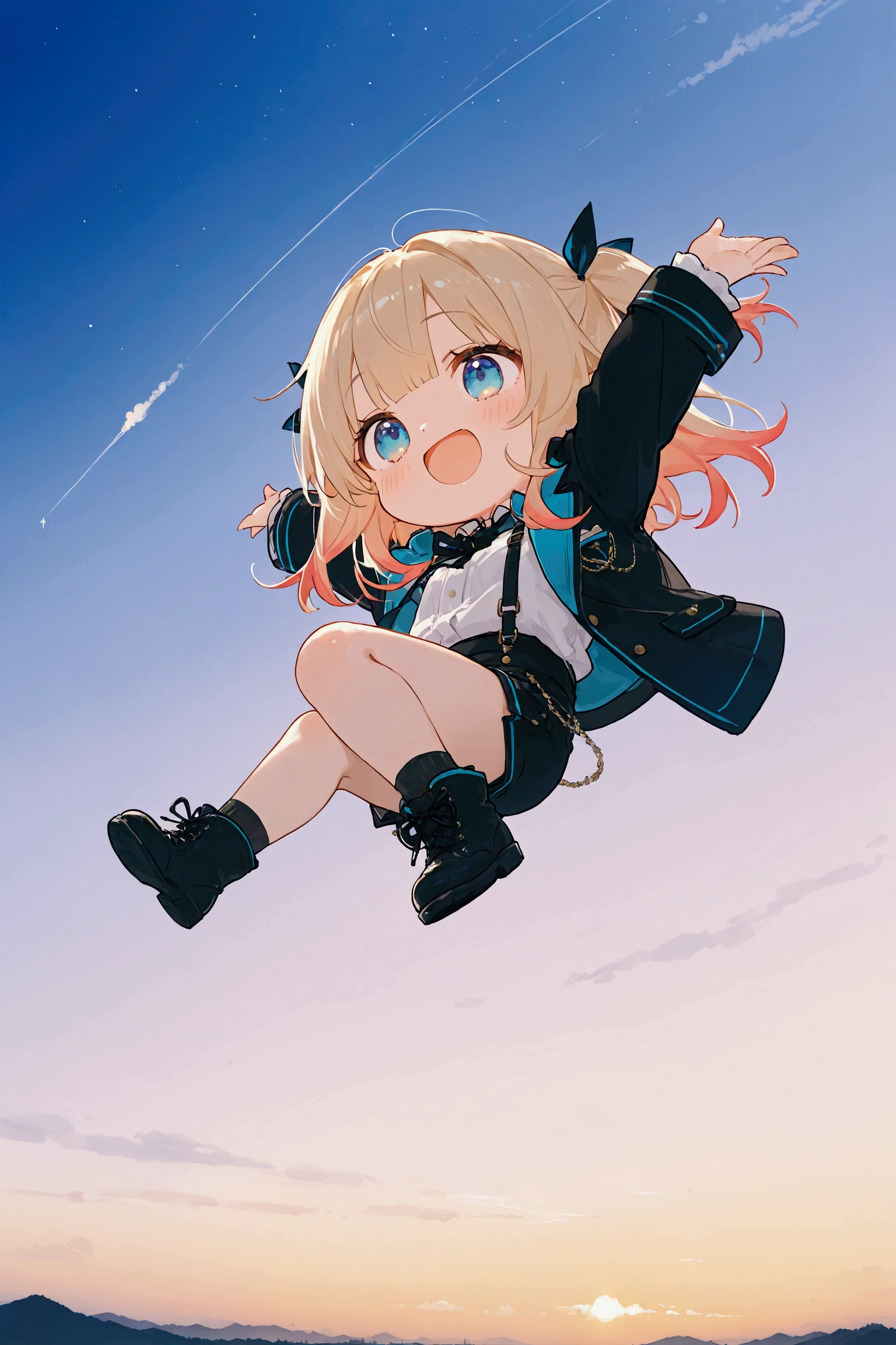 1girl\(\),chibi,flying sky,smile,:d,(dynamic pose:0.25) ,masterpiece, best quality, 8k, highres, ultra-detailed,HDR, UHD, professional, vivid colors