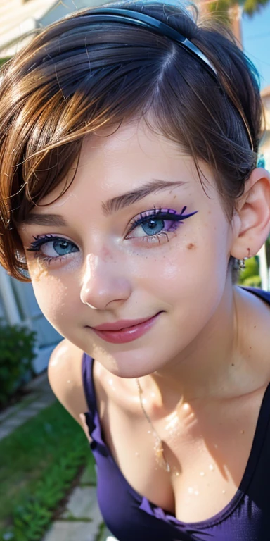 1 white tomboy european girl, short Butterfly Cut hair, purple hair, messy hair, big eyelashes, shy smile, full body photo, perfect green eyes, 8k photo, tattoos, slim body, realistic,, arm full of tattoos, oiled up body, high details, soap foam, cute face, teen girl, slander, best quality, photorealistic, topless, perfect eyes, tomboy skinny, freckles, fringes, bath