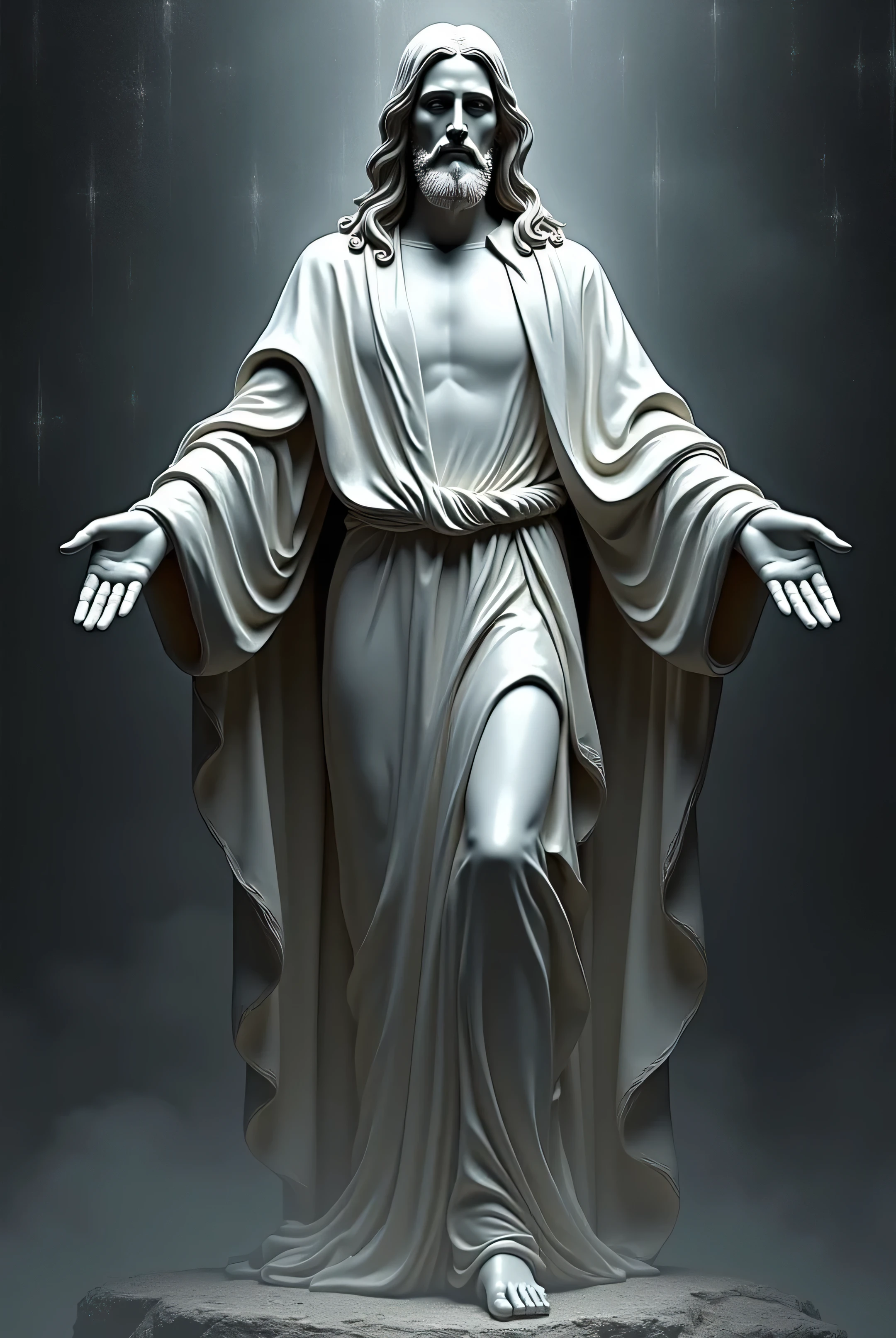 Create an Amoled wallpaper with a completely black background and in the foreground a grey marble statue of Jesus Christ .